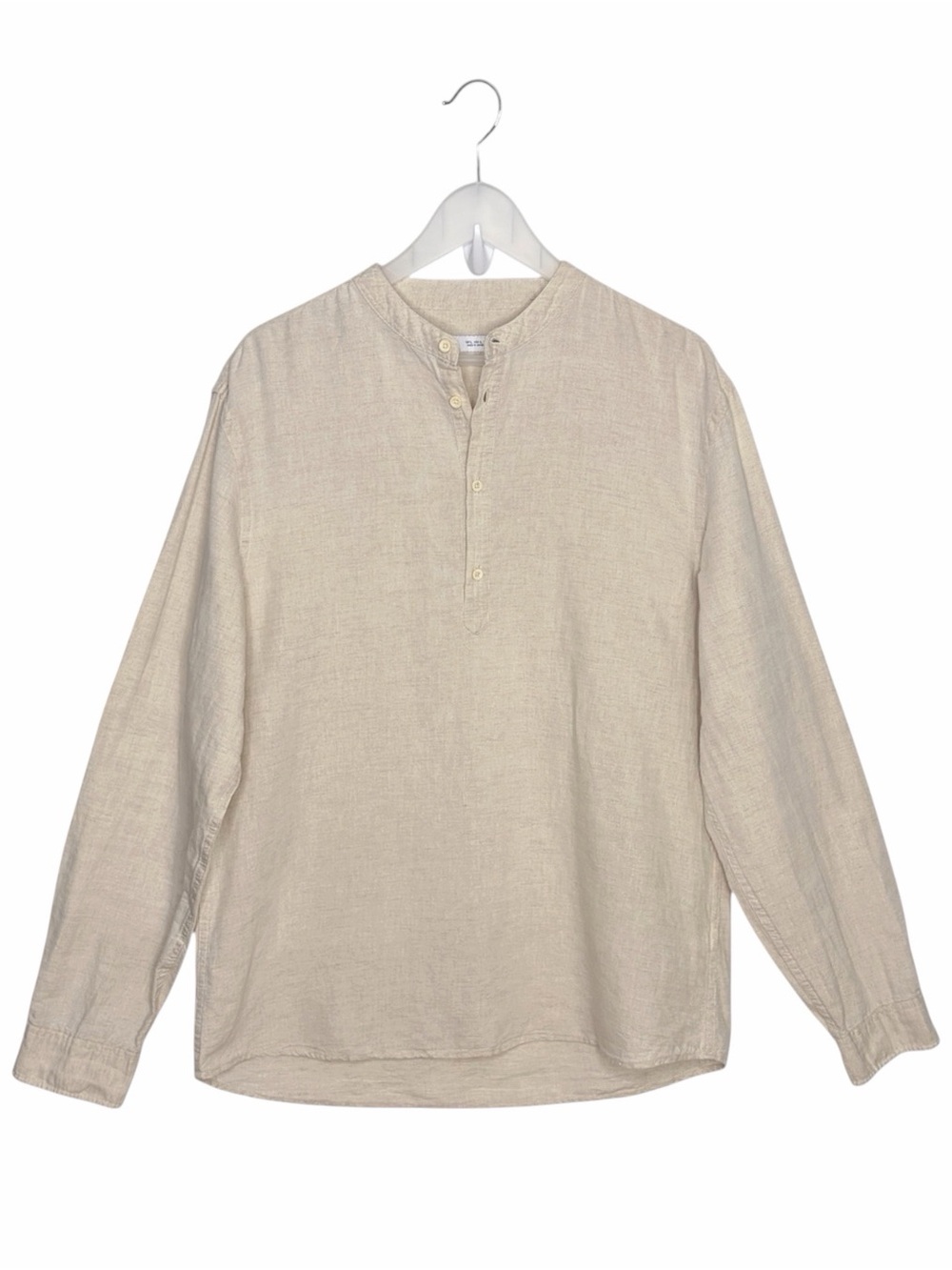 Zara Linen Cotton Henley Shirt Mens Large Beige Mandarin Collar